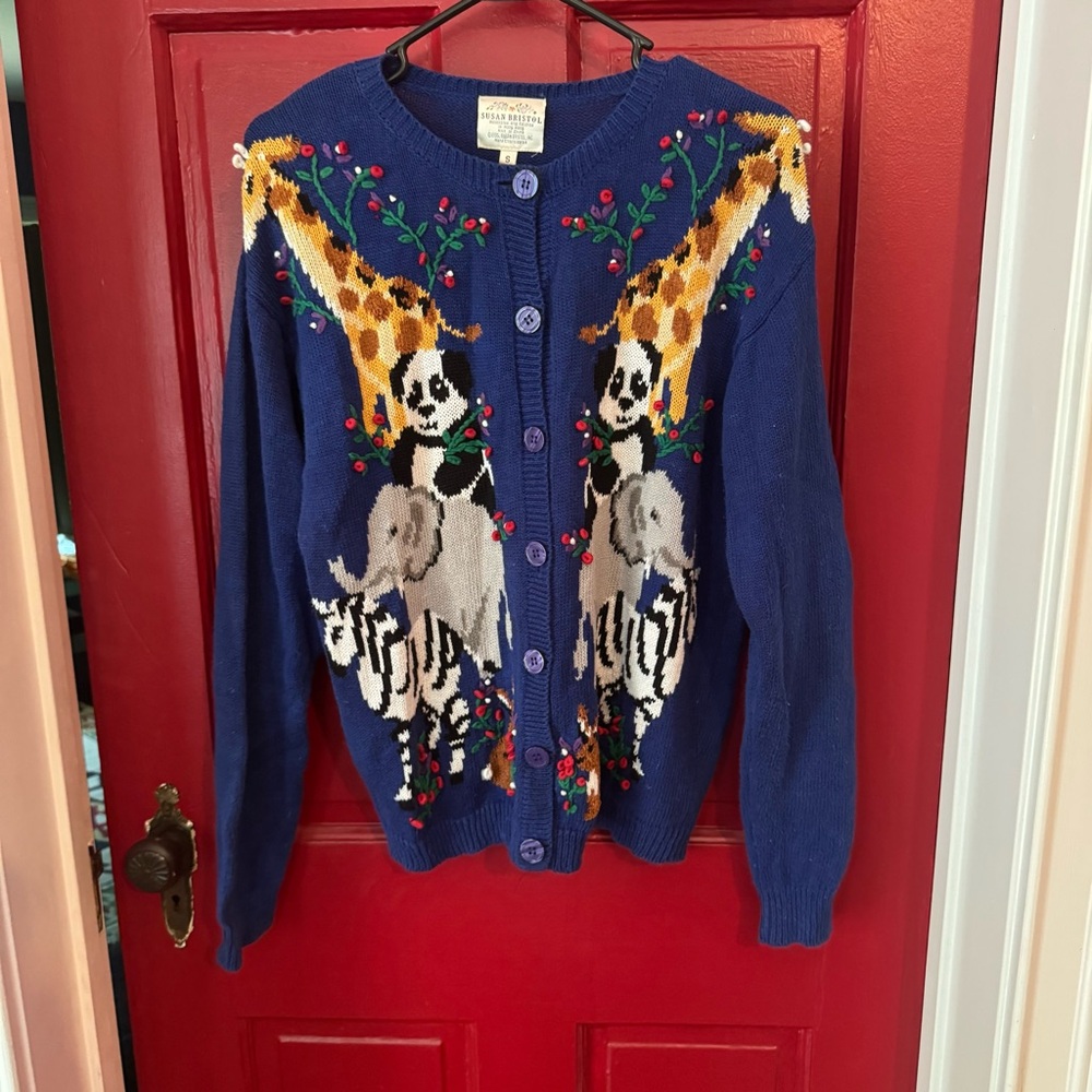Susan Bristol Blue Vintage Cardigan/Sweater Animals